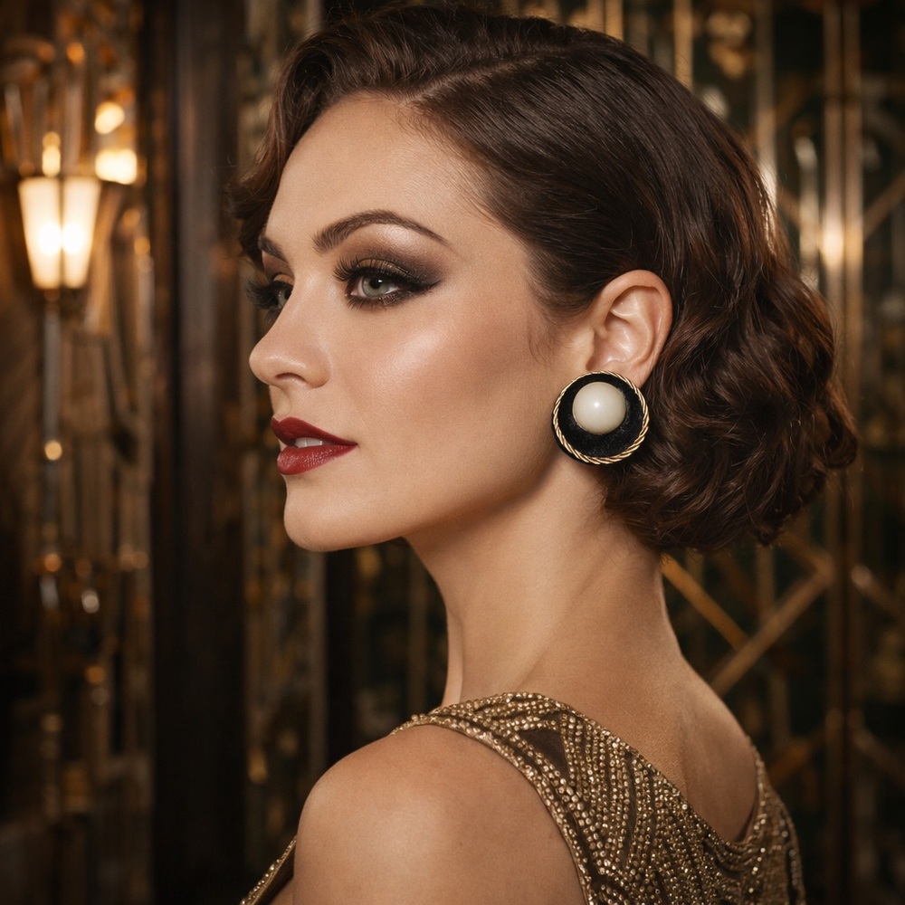 Faux Velvet and Pearl Round Vintage Clip On Earrings